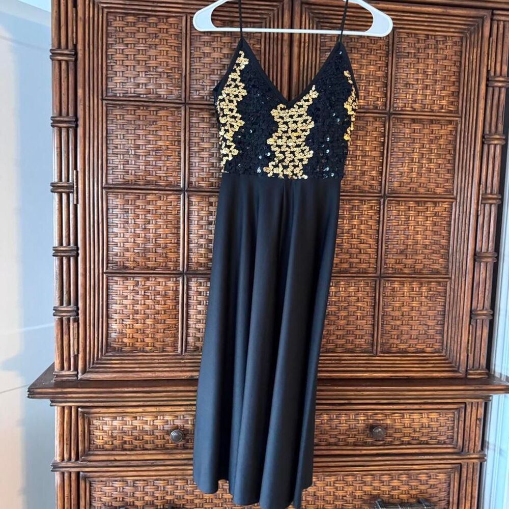 Women's Black Dress with gold sequin embellishments. Small